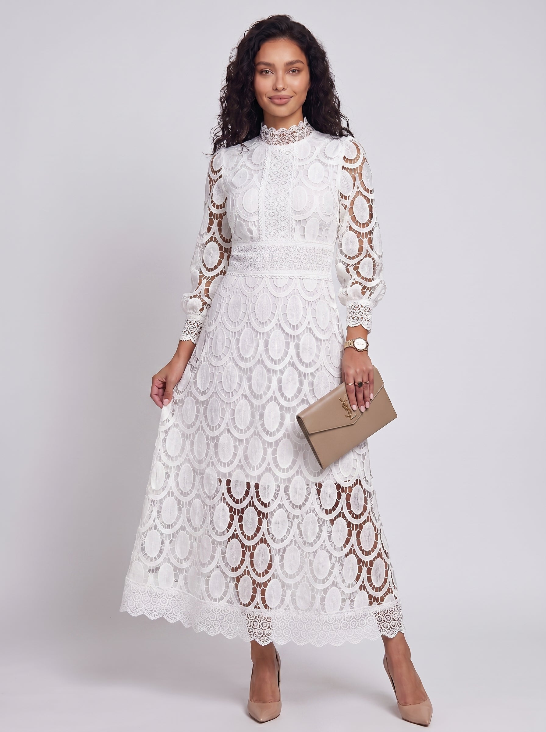 Vivienne - Midi Cocktail Dress with Lace and Puff Sleeves and High Collar — White_front