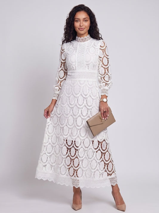 Vivienne - Midi Cocktail Dress with Lace and Puff Sleeves and High Collar — White_front