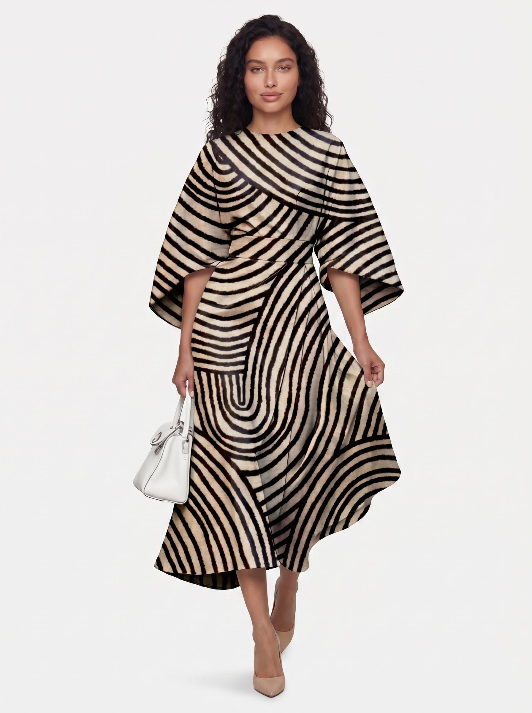 Zola - Midi Cocktail Dress with Abstract Stripe Print and Batwing Sleeves — Style 1_front