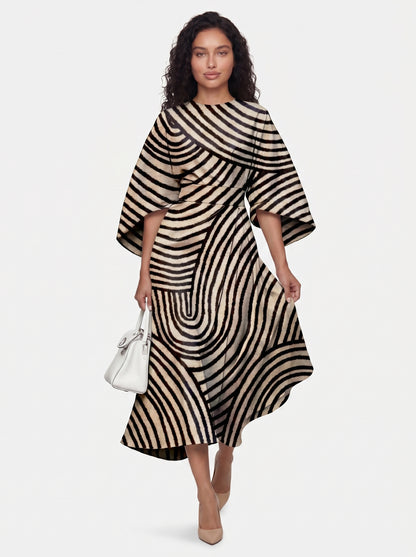 Zola - Midi Cocktail Dress with Abstract Stripe Print and Batwing Sleeves — Style 1_front