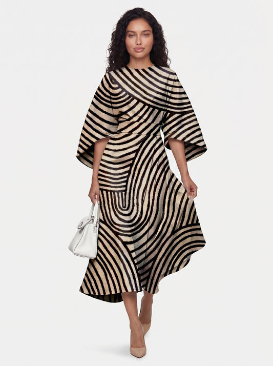 Zola - Midi Cocktail Dress with Abstract Stripe Print and Batwing Sleeves — Style 1_front