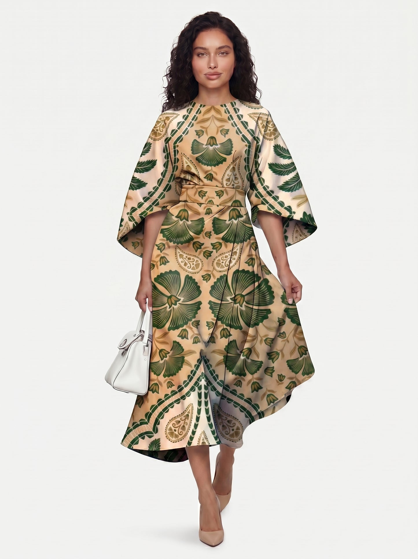 Zola - Midi Cocktail Dress with Abstract Stripe Print and Batwing Sleeves — Style 2_front