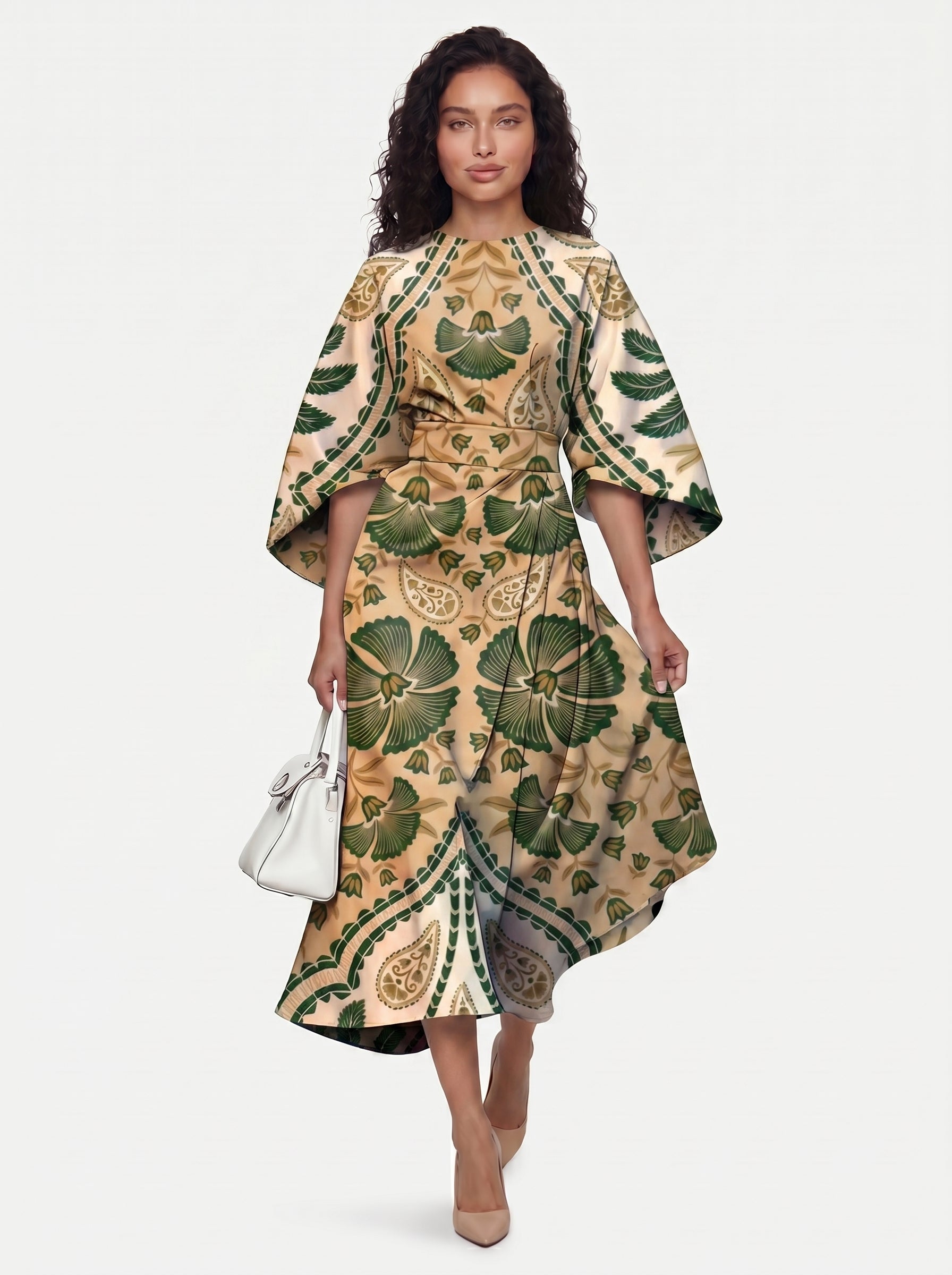 Zola - Midi Cocktail Dress with Abstract Stripe Print and Batwing Sleeves — Style 2_front