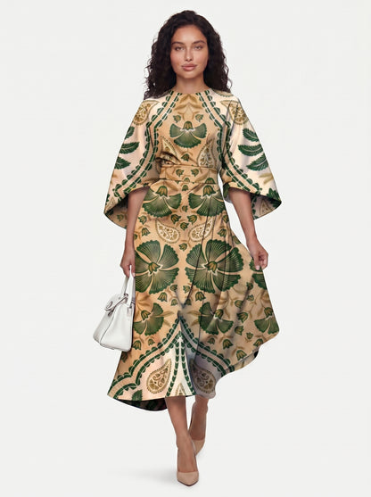 Zola - Midi Cocktail Dress with Abstract Stripe Print and Batwing Sleeves — Style 2_front