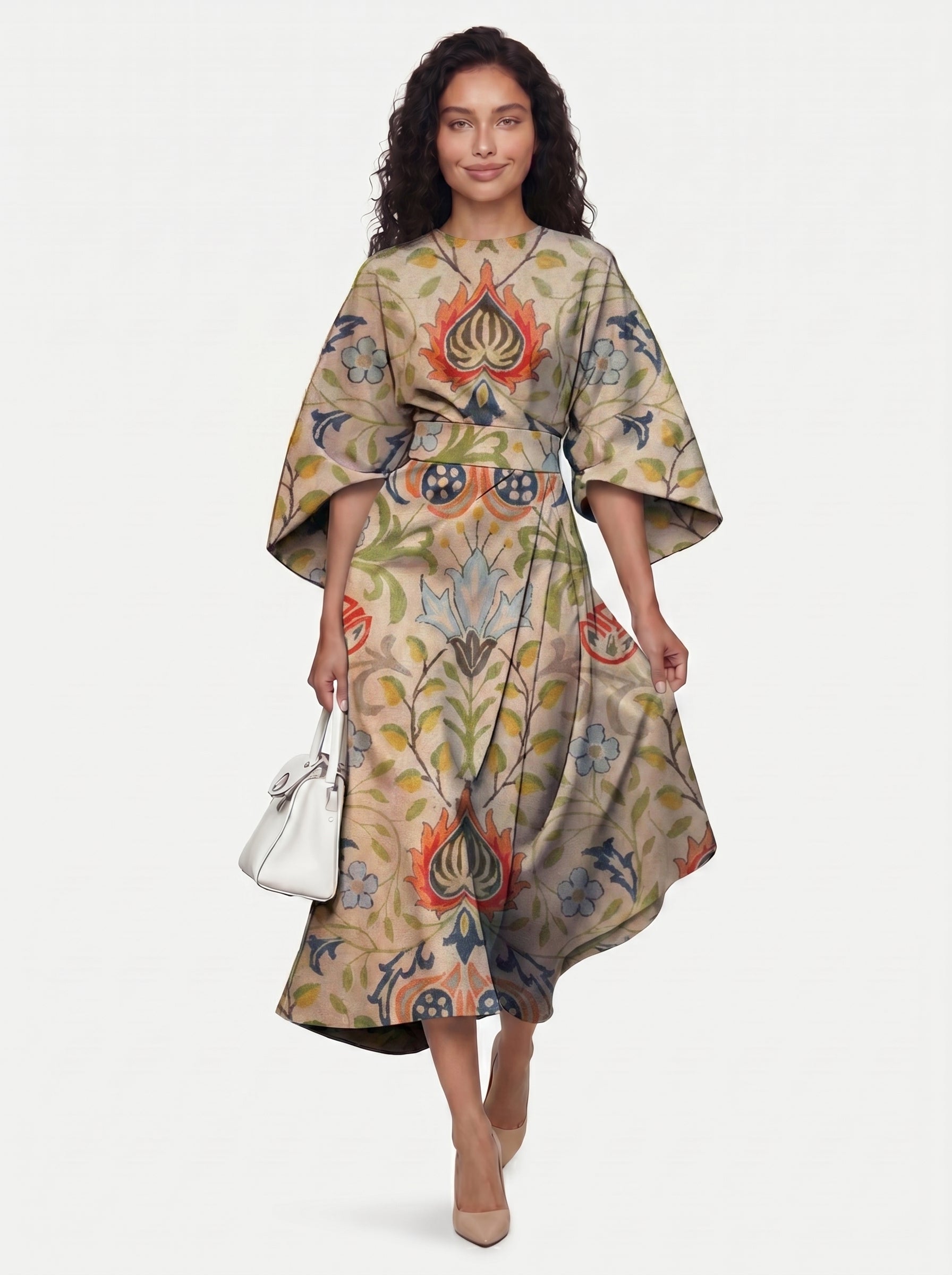 Zola - Midi Cocktail Dress with Abstract Stripe Print and Batwing Sleeves — Style 3_front