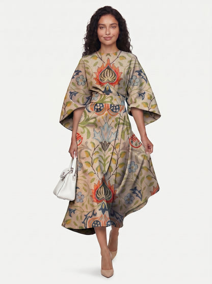 Zola - Midi Cocktail Dress with Abstract Stripe Print and Batwing Sleeves — Style 3_front