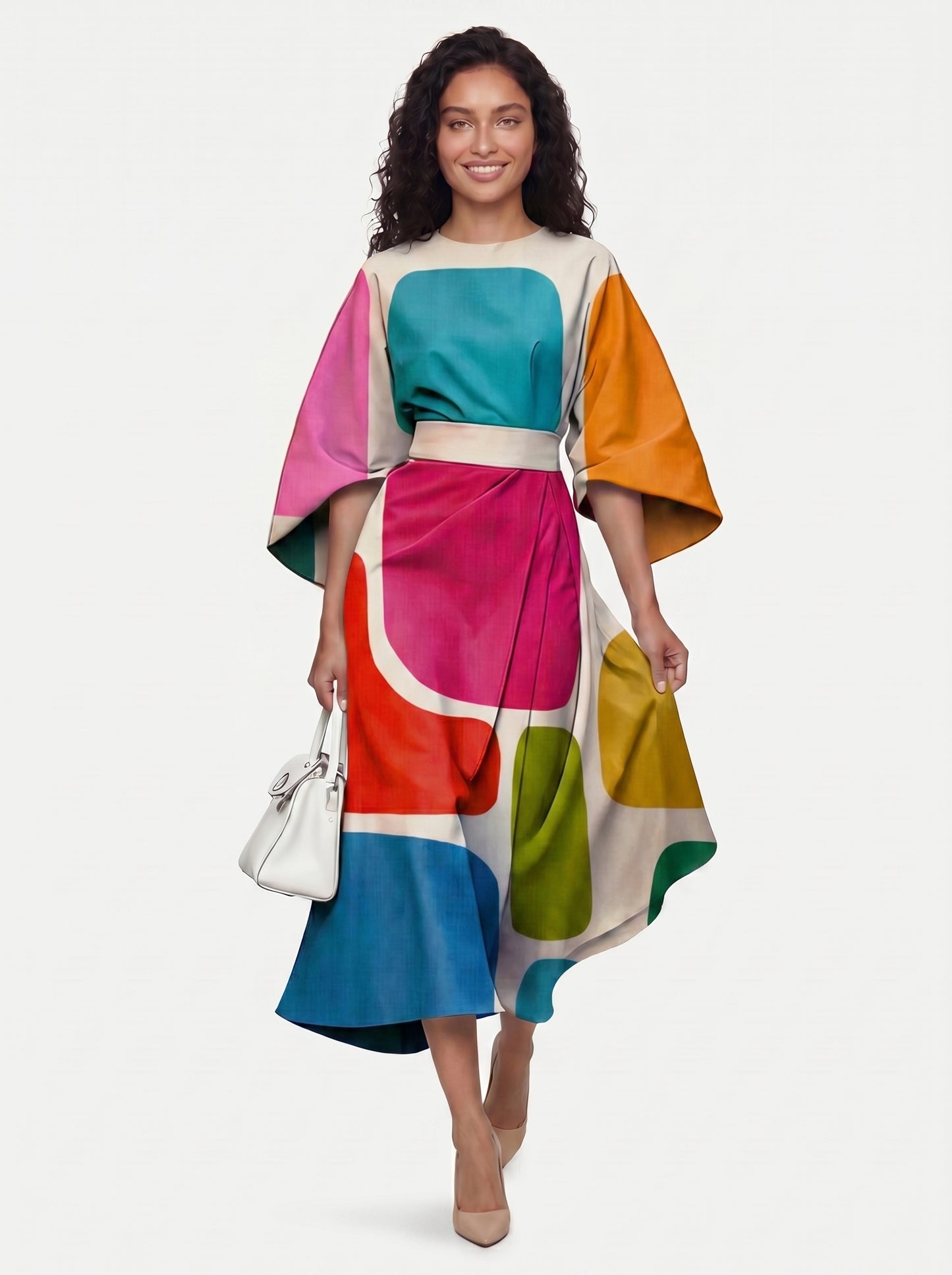 Zola - Midi Cocktail Dress with Abstract Stripe Print and Batwing Sleeves — Style 5_front