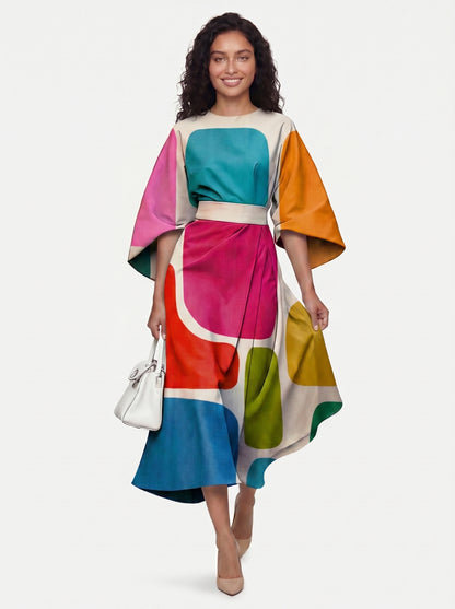 Zola - Midi Cocktail Dress with Abstract Stripe Print and Batwing Sleeves — Style 5_front