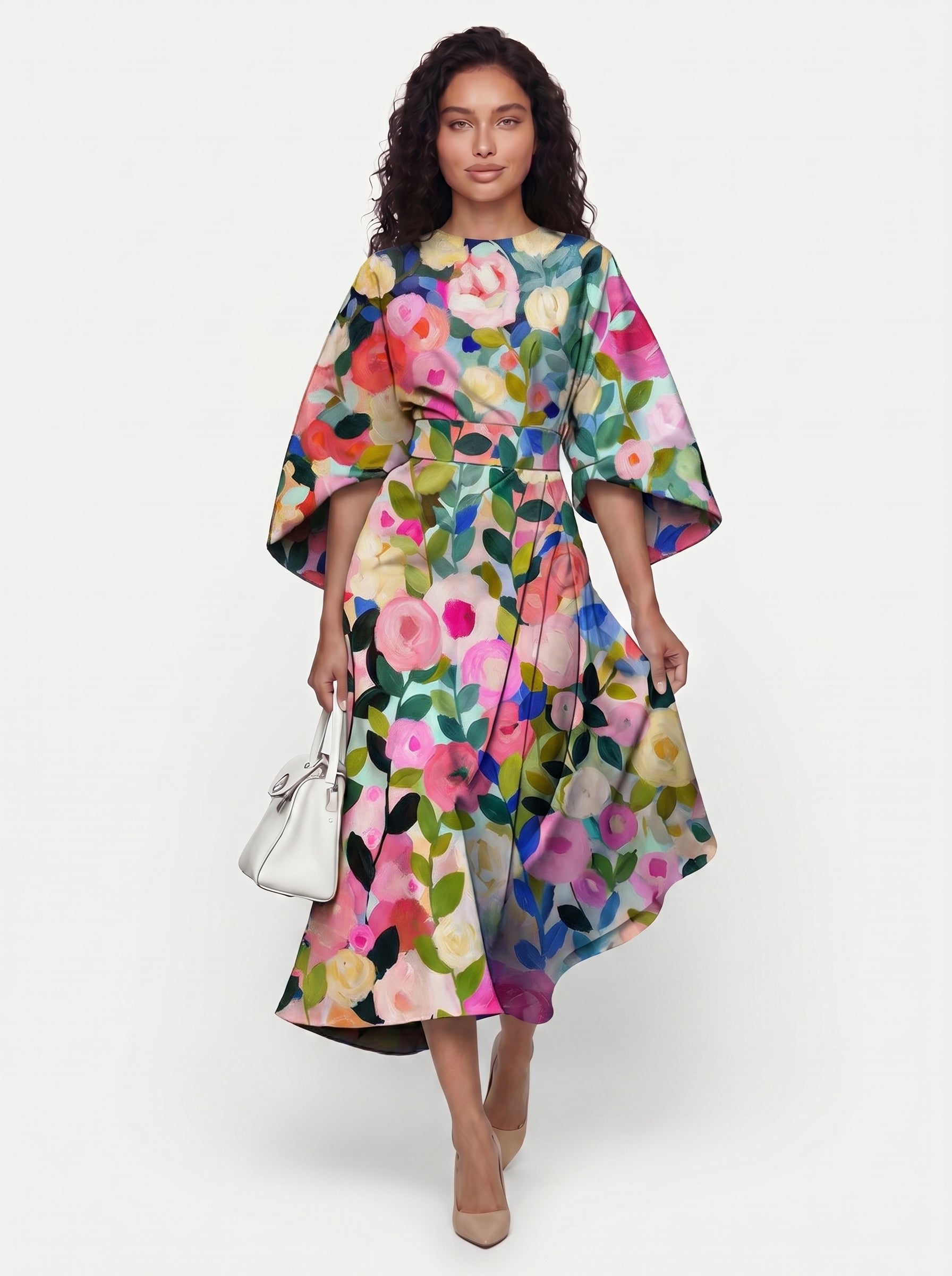 Zola - Midi Cocktail Dress with Abstract Stripe Print and Batwing Sleeves — Style 6_front