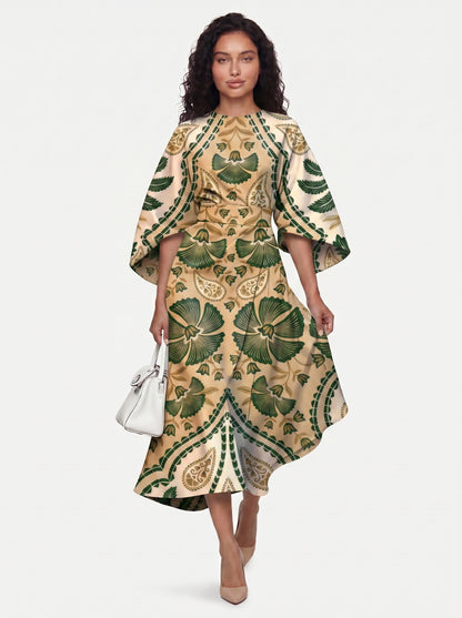 Zola - Midi Cocktail Dress with Abstract Stripe Print and Batwing Sleeves — Style 8_front